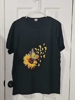 Rainbow Black Tee with Yellow Sunflower & Butterfly Graphic